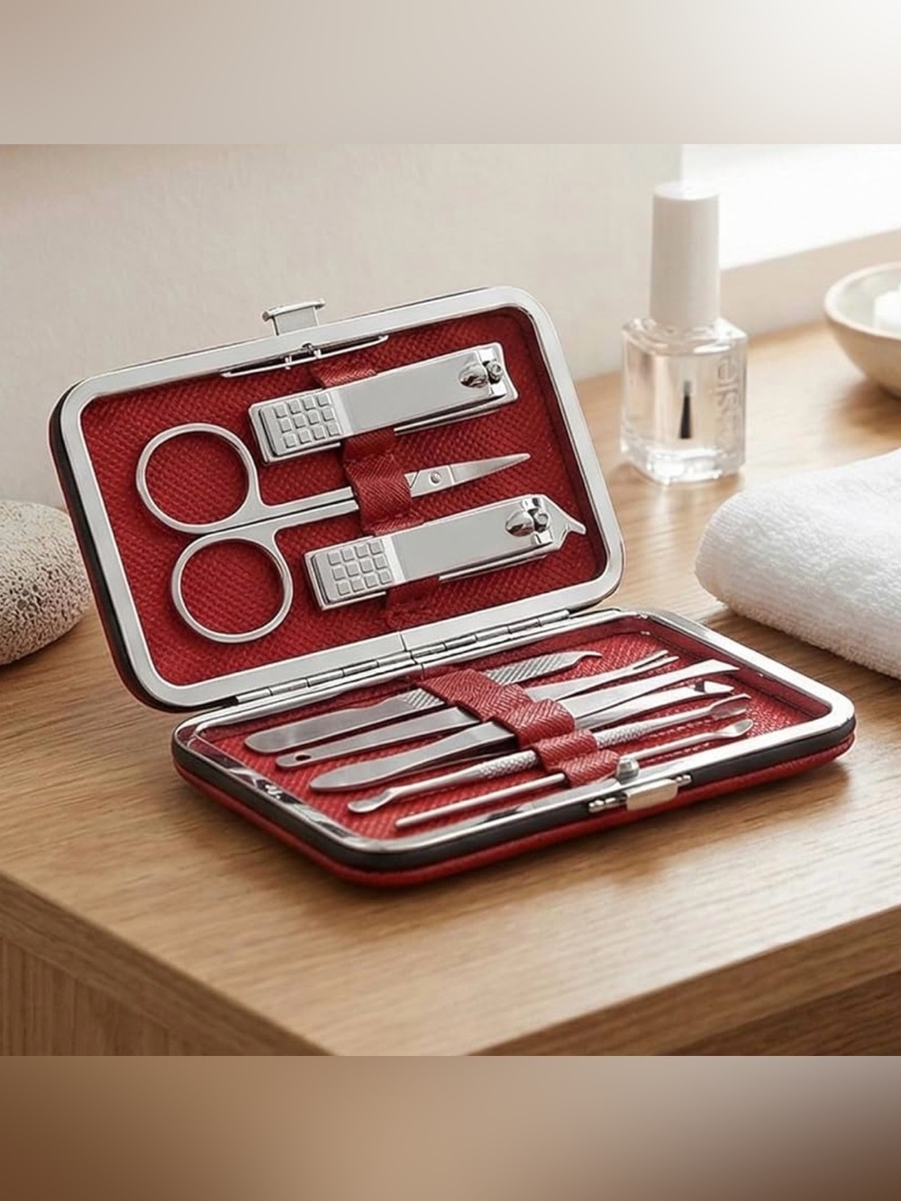 NIB Luxury 10-Pc Manicure & Grooming Kit – Crimson Red Travel Case